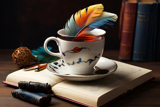Inspiration tableau tea cup, feather, book, and light bulb. Education, creativity, warm beverage theme.