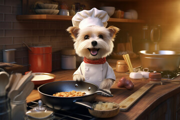 3D character illustration of dog chef in the kitchen - obrazy, fototapety, plakaty