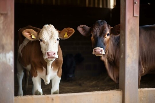 Calf and cow standing next to each other inside cattle farm. Generative AI