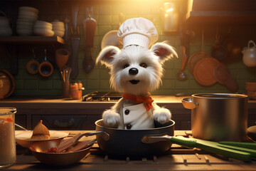 3D character illustration of dog chef in the kitchen - obrazy, fototapety, plakaty