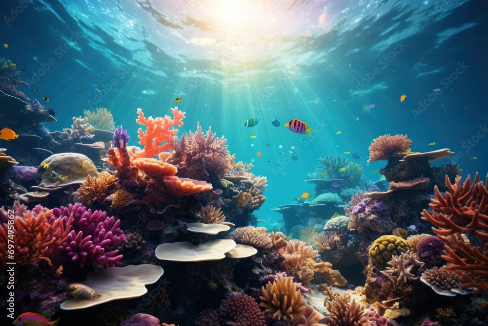 Wall mural colorful of beautiful underwater world blue reef on sunny - Wall murals
