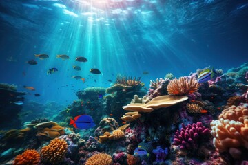 Fototapeta na wymiar Colorful of beautiful underwater world blue reef on sunny