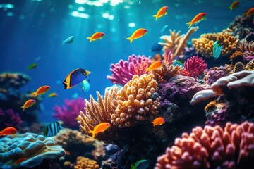 Naklejka na ściany i meble Colorful of beautiful underwater world blue reef on sunny