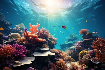 Colorful of beautiful underwater world blue reef on sunny - obrazy, fototapety, plakaty