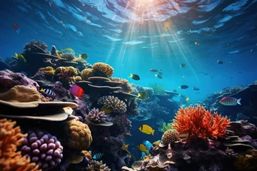 Poster Colorful of beautiful underwater world blue reef on sunny © Attasit