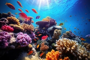 Naklejka na ściany i meble Colorful of beautiful underwater world blue reef on sunny