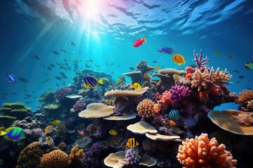 Fototapeta na wymiar Colorful of beautiful underwater world blue reef on sunny