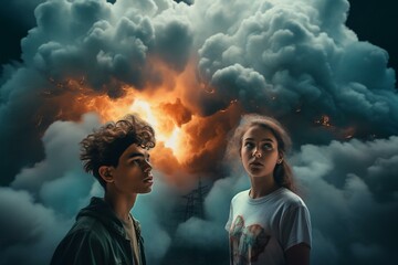 Adventurous youth faces fantasy portal with energy, twister clouds create intense atmosphere. Generative AI