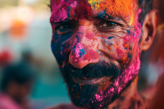 Indian serene man painted with the vibrant colors of Holi, a moment of reflection amidst celebration