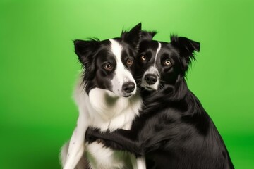 two dogs hugging. Happy Border Collie on a green background in studio. love pet. Generative AI