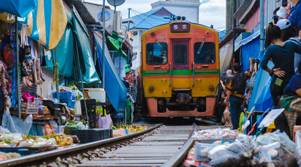 Maeklong Railway Market Thailand, Fresh Market on the Railroad Track of Mae Klong Train Station Bangkok a famous railway market in Thailand