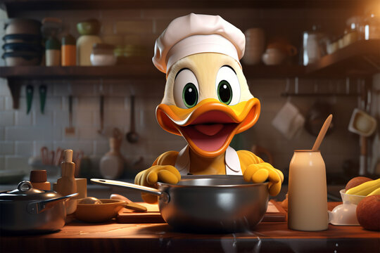 3D character illustration of duck chef in the kitchen