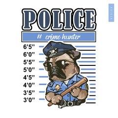 Fototapeta na wymiar Vector illustration of cute dog police t-shirt design. Wanted poster theme: police dog hunting criminals. Bulldog, bull terrier, pitbull. Ready to print for t-shirts, stickers and posters.