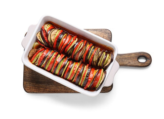 Baking dish of tasty Ratatouille on white background