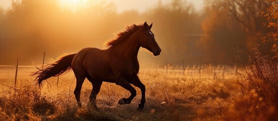 Gorgeous brown horse galloping at sunset in the paddock. - obrazy, fototapety, plakaty