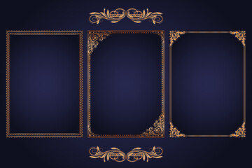 Gold decorative frame with golden frame. Golden frame on luxury blue background. - obrazy, fototapety, plakaty