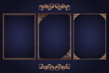 Fotobehang Gold decorative frame with golden frame. Golden frame on luxury blue background. © ASGraphics