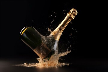 champagne bottle popping open with a spray of golden liquid coming out. Generative AI