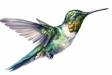 Hummingbird watercolor illustration. Hand drawn beautiful tiny flying bird. Bright green and blue colored hummingbird illustration. Realistic wildlife avian close up illustration. Generative AI