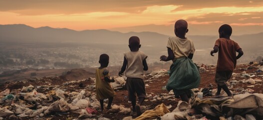 Children playing on hillside overlooking town at dusk. Childhood and resilience. - obrazy, fototapety, plakaty