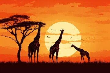 Silhouette of giraffe in savanna at sunset vector illustration, Giraffe Silhouette - African Wildlife Background - Beauty in Color and Liberty, AI Generated