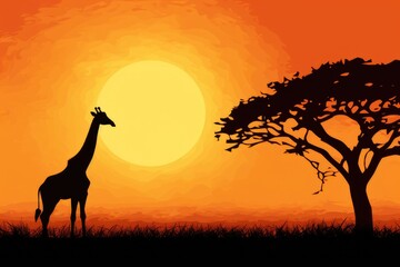 Silhouette of giraffes in savanna at sunset, vector illustration, Giraffe Silhouette - African...