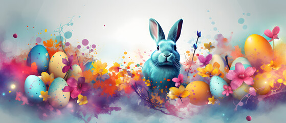 An adorable domestic rabbit brings easter cheer with a vibrant painting of flowers and eggs, capturing the essence of spring in a charming cartoon style - obrazy, fototapety, plakaty