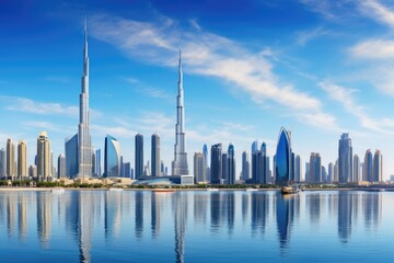 Fototapeta premium Dubai skyline with skyscrapers reflected in water, United Arab Emirates, Dubai Business Bay panoramic view, UAE, AI Generated