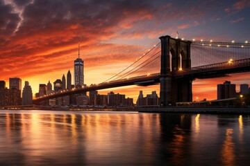 Brooklyn Bridge and Manhattan skyline at sunset, New York City, USA, East River overlooking Manhattan and the Brooklyn Bridge, New York, USA, AI Generated - obrazy, fototapety, plakaty