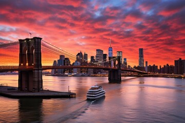 Brooklyn Bridge and Manhattan skyline at sunset, New York City, East River overlooking Manhattan...