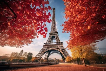 Zelfklevend Fotobehang Parijs Eiffel Tower in Paris, France. Beautiful view of the Eiffel Tower in autumn, Eiffel Tower with autumn leaves in Paris, France, AI Generated