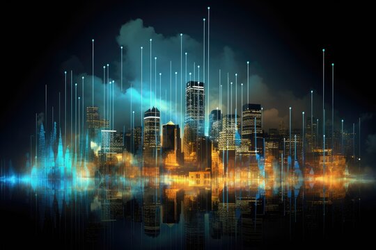 Cityscape at night with glowing lights and digital interface. Mixed media, Economic trends background for business ideas and all artwork designs, AI Generated
