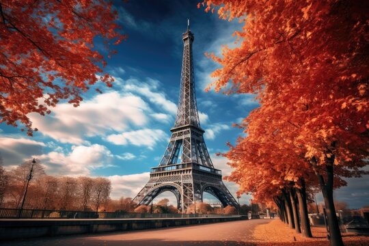 The Eiffel Tower in Paris, France during autumn season, Eiffel Tower with autumn leaves in Paris, France, AI Generated
