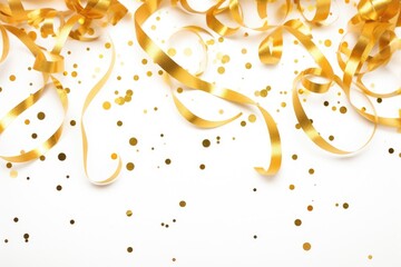 Golden confetti and ribbons on a white background. Festive decoration, Golden confetti and ribbons on a white background, forming a festive backdrop, AI Generated