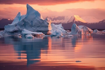Antarctic landscape with icebergs and reflection in water at sunset, Early morning summer alpenglow lighting up icebergs during the midnight season, AI Generated