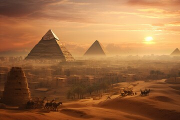 Fototapeta na wymiar The pyramids of Giza at sunset, Egypt. 3d rendering, Egypt, Cairo - Giza, General view of pyramids and cityscape from the Giza Plateau, AI Generated