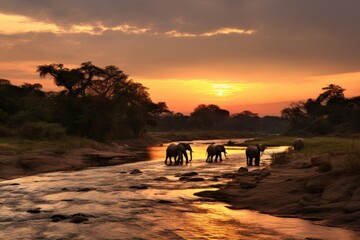 Elephants in Chobe National Park, Botswana, Africa, Elephants crossing the Olifant River, evening...
