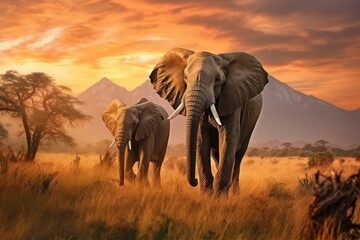 Fototapeta na wymiar African elephant (Loxodonta africana) at sunset, Elephants crossing the Olifant River, evening shot, Kruger National Park, AI Generated