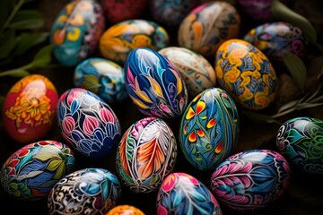 Fototapeta na wymiar A festive gathering highlighting vibrant mosaic egg designs. Generative AI