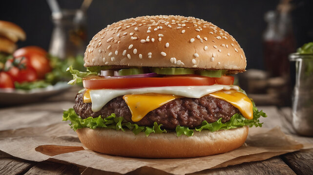 Hamburguesa carne papas fritas completa tomate salsa lechuga comida rapida platillo pan delicioso pepinillos primer plano suculento queso