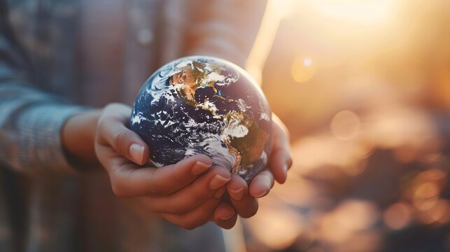 Concept illustration for global warming content, Woman's hand holding Earth, advocating for sustainable living, ecology, climate emergency action, and World Environment Day, ai generate.