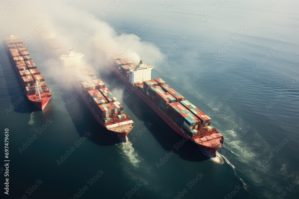 Poster container cargo freight ship with working crane bridge for logistic import export background, four c