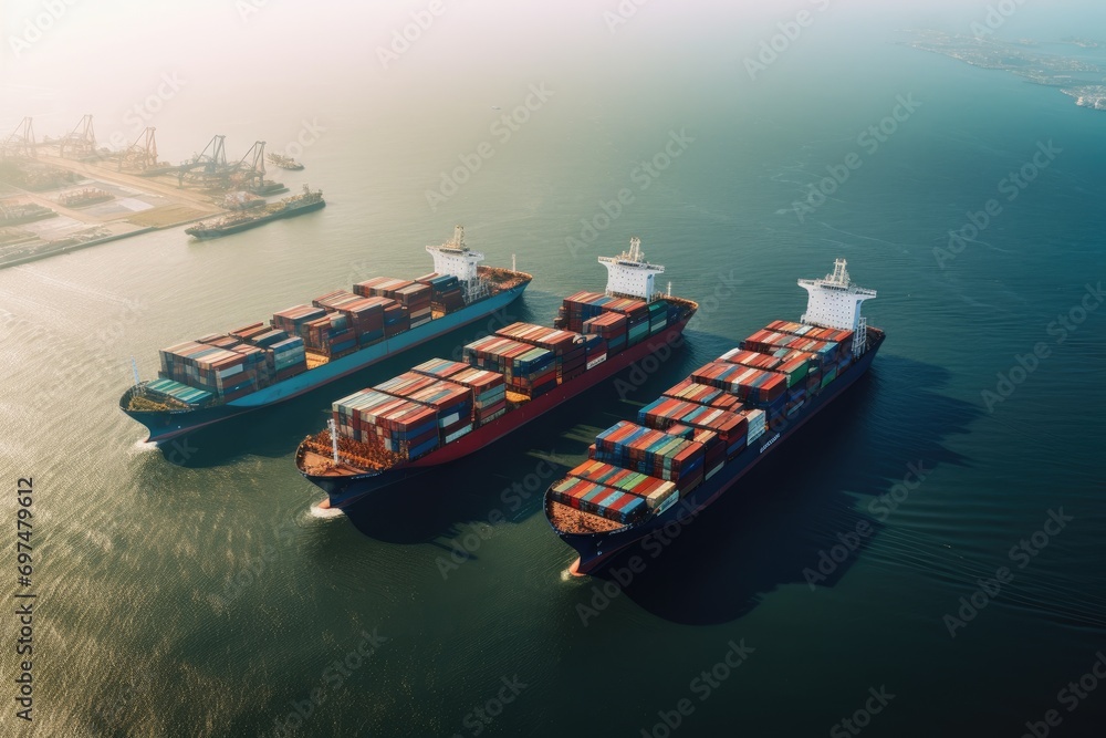 Poster container cargo freight ship with working crane bridge for logistic import export background, four c