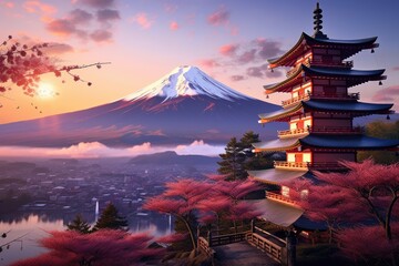Mt Fuji with cherry blossom and chureito pagoda in Japan, Fujiyoshida, Japan, Beautiful view of...