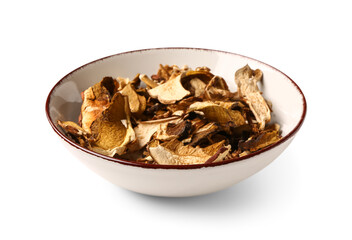 Bowl with tasty dried mushrooms on white background