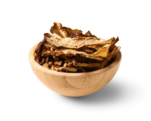 Wooden bowl with tasty dried mushrooms on white background