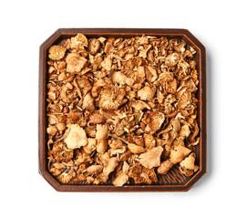 Tray with tasty dried mushrooms on white background