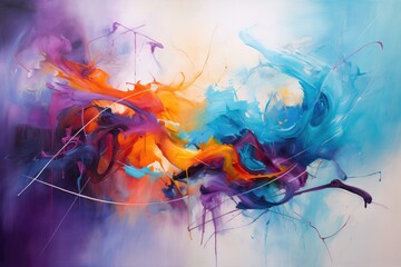 abstract background of acrylic paint splashes in blue and orange tones, Dynamic and chaotic...