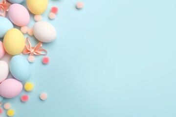 Easter background with colorful eggs and bunny ears. Top view with copy space, Easter party concept, Top view photo of Easter bunny ears, white pink blue and yellow eggs, AI Generated
