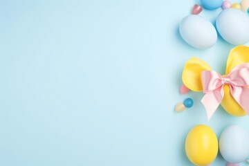 Colorful easter eggs with ribbon on blue background, top view, Easter party concept, Top view photo of Easter bunny ears, white pink blue and yellow eggs on an isolated, AI Generated